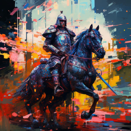 the knight, a person in the style of multi-layered color fields, is depicted in a dynamic action painting by dmitry spiros. the dark sky-blue and light bronze hues create a colorful pixel-art effect, reminiscent of chuah thean teng's high-detail artwork. ai generatedの素材