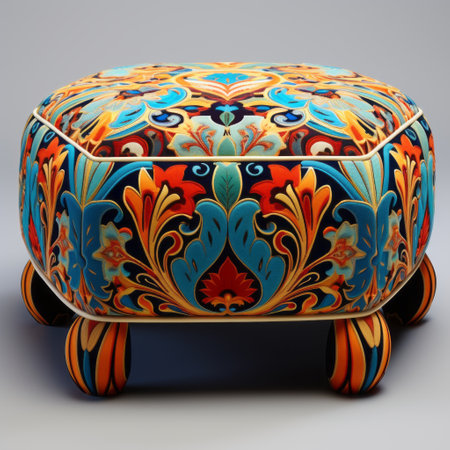the orange and blue ottoman is adorned with a vibrant and intricate pattern, reminiscent of 8k 3d, art nouveau, erik jones, barroco, floral patterns, valentin rekunenko, and traditional craftsmanship. ai generatedの素材