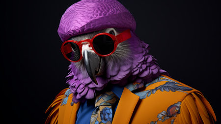 a person wearing a vibrant purple headpiece and glasses, resembling life-like avian illustrations. the photo showcases the use of vray tracing and animalier style, with bright color blocks. rendered in cinema4d, this captivating image captures the essence of a national geographic photo. the subject's appearance is sharp and prickly. ai generatedの素材
