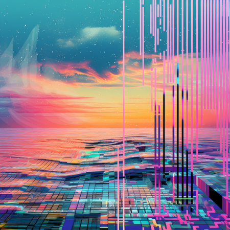 bright sky in glitch art style with hyper-detailed illustrations, deconstructed landscapes, neon grids, intricate underwater worlds, metallic rectangles, and romantic landscape vistas. ai generatedの素材