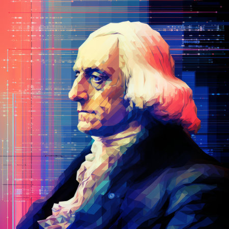 benjamin franklin of sacramento is depicted in a political illustration with colorful geometry and atmospheric color washes, creating a unique cross-processing processed style. the artwork showcases ultra hd technological art with a vibrant and dynamic magewave effect, capturing the historical significance of this iconic figure in american history. ai generatedの素材