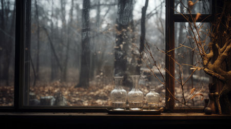 wooden window frame covered in brown leaves, creating a moody and atmospheric still life. the gauzy glass adds a mysterious touch to the natural scenery, evoking a sense of absinthe culture and detailed scientific subjects. the misty, dark landscape captures the essence of a captivating and intriguing kitchen still life. ai generatedの素材