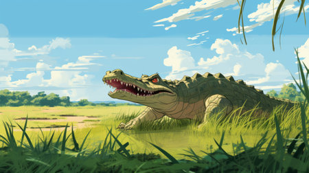 a crocodile gracefully glides through the swamp, showcasing anime-inspired character designs. this vibrant scene with a touch of realism features a backdrop of stunning blue skies, accentuating the gigantic scale of the environment. set in the picturesque southern countryside, this captivating illustration combines the charm of anime art with the energy of action-packed cartoons. immerse yourself in this epic adventure, where the remarkable world comesの素材