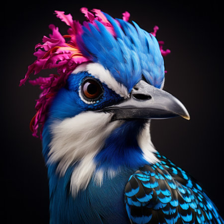 bird with blue and purple feathers adorned with a red flower, captured in hyper-realistic portraiture style reminiscent of national geographic photos. this inventive character design showcases a pattern explosion, featuring luminous portraits made of trash, all created in the unique aesthetic of zbrush. ai generatedの素材