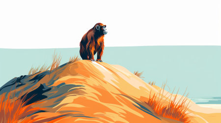 brown bear with green cap standing on a hill near water, in pop art flat colors. tropical landscapes, light orange and dark blue, perspective rendering, desolate landscapes, sensitive brush strokes, characterized animals. ai generatedの素材