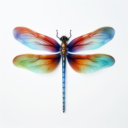 a dragonfly, surrealistically installed on a white background, showcases bold chromaticity and hyper-realistic sculptural details. this meticulous photorealistic still life embodies symmetrical, multi-colored minimalism with shades of blue and amber. ai generatedの素材