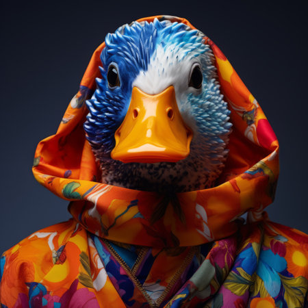 a lady dressed as a duck in a colorful outfit is depicted in a hyper-detailed portrait captured with kodak ektar film. the 8k resolution image showcases the creased, crinkled, and wrinkled textures of the floralpunk-inspired attire, resembling porcelain depictions of animals. ai generatedの素材