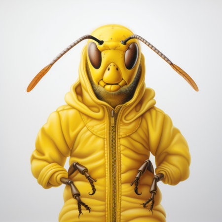 a yellow insect with large antennae, wearing a yellow jacket, is depicted in this emotive surreal character study. created using zbrush, this artwork combines elements of illustrated advertisements, iconic pop culture references, and depictions of inclement weather. the hyper-realistic sculpture showcases the precisionist style, capturing intricate details of the insect's features and the jacket's texture. ai generatedの素材