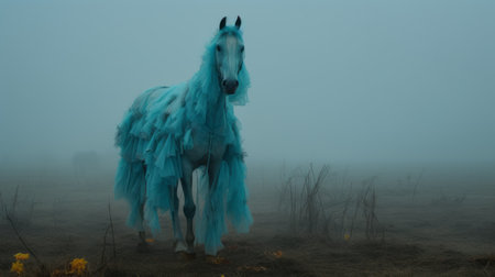a turquoise costumed horse stands gracefully in a foggy field, embodying the essence of avant-garde portraiture. this conceptual installation art piece captures the beauty of chaotic environments and transports viewers to otherworldly paintings. the soft, dreamy scene is enhanced by the misty atmosphere, creating a captivating visual experience. ai generatedの素材