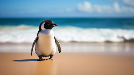 a little penguin strolls along the sandy beach, with the vast ocean in the background. the image, reminiscent of john wilhelm's style, features a language-based theme and is captured in stunning 8k resolution. the soft-focus and polished appearance enhance the sky-blue and black color palette, creating a visually captivating scene that resonates with seth macfarlane's artistic sensibilities. ai generatedの素材
