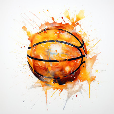 basketball splatter paint in the style of dan witz, marcin sobas, and dale chihuly. dark orange and light black watercolor on white background. incorporating oil and enamel paintings with digital art techniques for stark compositions. ai generatedの素材