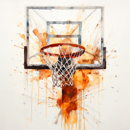a watercolor painting of a basketball hoop on a wall, showcasing an explosive and chaotic style. the artwork features light white and dark orange tones, exuding an unpolished authenticity. with its messy yet captivating composition, the painting captures amber hues and hyper-realistic details, while making strong use of negative space. ai generatedの素材