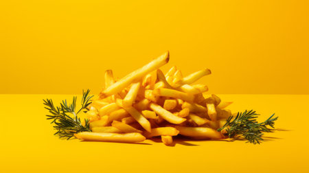 fried fries on a yellow background, conceptually designed as a menu dish. this image captures the style of todd hido and herb ritts, with piles and stacks of delicious fries. it is a high-resolution uhd image commissioned for mike campau, showcasing a modern take on the classic still life photography genre. ai generatedの素材