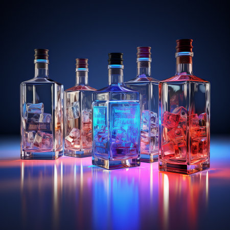 liquor bottles with colored liquid, featuring vray tracing, showcase a captivating blend of light crimson and blue hues. inspired by nightscapes, icepunk, and the artistic style of caras ionut, these bottles exude a mesmerizing miniature illumination. the combination of light silver and light crimson creates a visually stunning and unique aesthetic. ai generatedの素材
