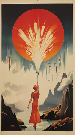 the "jughead h.m.s. plymouth: the planet is burning" poster, circa 1950, showcases art deco futurism with mountainous vistas and dreamscape portraiture. the silver and red color scheme, along with victorian-inspired illustrations, creates a captivating lens flare effect, adding a touch of rtx technology to the vintage design. ai generatedの素材