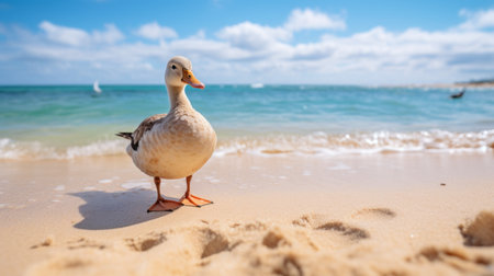 duck stands on the beach near the ocean, exuding ocean academia vibes with immaculate perfectionism. the soft-focus technique captures the joyful and optimistic atmosphere. the light brown and light blue hues create a serene and calming scene. this photo is available under the creative commons attribution license. ai generatedの素材