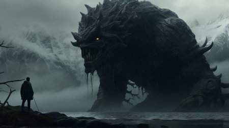 the black company portrait features a massive creature in the breathtaking norwegian landscape, inspired by the iconic style of tim walker. the 8k 3d image showcases unique character design and vampirecore-inspired animal features, creating a stunning and captivating visual experience. ai generatedの素材