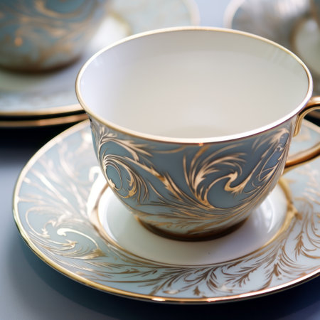 cup and saucer in the style of tokina opera 50mm f14 ff, with golden blue and gold hues. the intricate patterns and fine feather details create a subtle tonal range. the light teal and light silver backgrounds complement the design, reminiscent of the work of ludwig meidner and serge marshennikov. ai generatedの素材