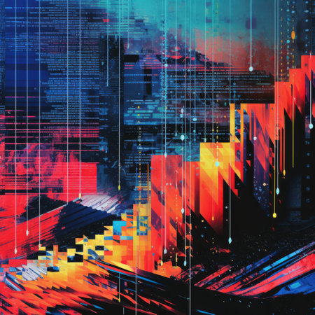 abstract computer graphics and artwork by big screen inc. featuring vibrant skylines, glitch art, dark cyan and red color schemes, fragmented icons, hyper-detailed illustrations, colorful melancholy, and dynamic brushstrokes. this collection showcases a unique blend of digital art styles and techniques, perfect for adding a modern and dynamic touch to any project or presentation. ai generatedの素材