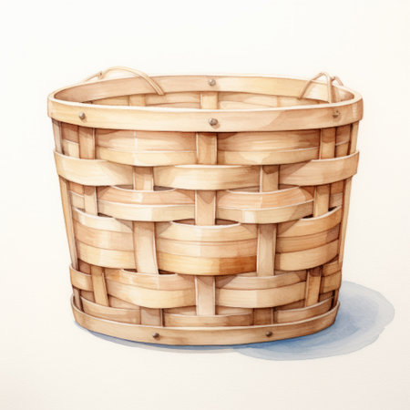 watercolor sketch of a wooden bucket on a white surface, featuring woven color planes and hyperrealistic illustrations. the style is reminiscent of bentwood techniques, with expert use of light and shadow to create a stunning illustration. ai generatedの素材