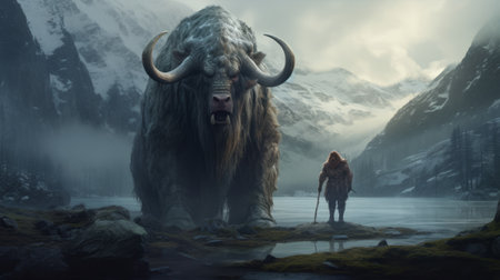 a stunning 8k 3d portrait of a massive creature in the breathtaking norwegian landscape, inspired by tim walker's iconic style. this unique character design merges vampirecore-inspired animal features, creating an extraordinary visual experience. ai generatedの素材