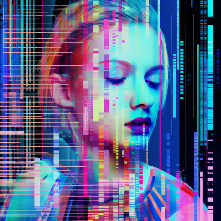the photo features glitch art with various colors and pixels on the lady's face, creating a cinematic composition reminiscent of retro sci-fi scenes. the image showcases figurative precision and editorial illustrations, capturing trapped emotions with precisionist art. ai generatedの素材