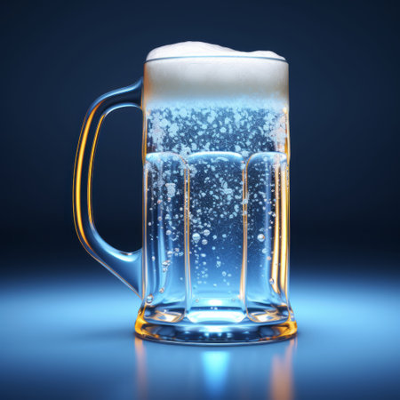 beer mug with bubbly ice, night light texture png, rendered in maya style. soft focus lens captures smooth curves and blue and white glaze. the 5001000 ce design features reductionist form and highly detailed elements. ai generatedの素材