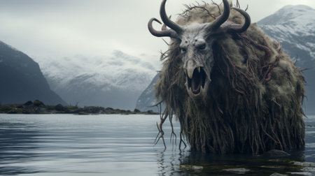 a mesmerizing 8k 3d portrait captures a majestic creature amidst the awe-inspiring norwegian landscape. inspired by tim walker's iconic style, this artwork from the memory, sorrow, and thorn trilogy showcases a massive being with vampirecore-inspired animal characteristics. the image mesmerizes with its intricate character design and harmonious blend of fantasy and nature. ai generatedの素材