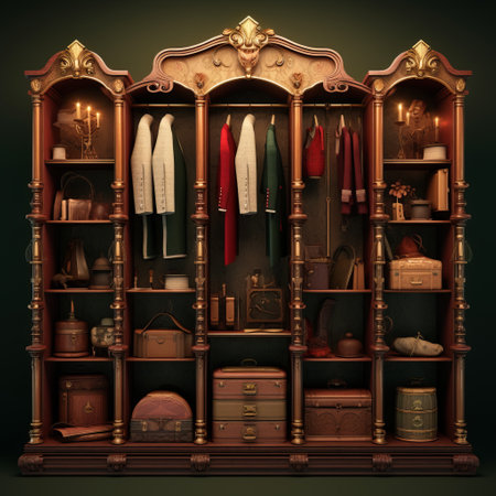 an old wooden closet in the italian fantasy style, featuring realistic lighting and adorned with dark green and gold accents. this meticulously crafted photorealistic still life captures the essence of meiji art and showcases radical inventions. the cluttered interior of the closet is filled with historical reproductions, adding to its charm and authenticity. ai generatedの素材