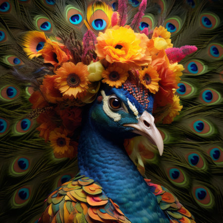 a stunning portrait of a peacock captured in contemporary realist style photography. the bird's golden feathers shimmer against a backdrop of purple leaves and red iridescent feathers and flowers. this colorful composition, created by bill gekas, features the peacock as a characterized animal made of plastic. the dark yellow and azure hues add to the overall vibrancy of this flowerpunk-inspired piece. keywords: peacock, golden feathers,の素材
