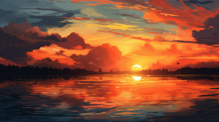 chris wilkinson's art showcases richly colored skies and romantic riverscapes in a realistic color palette. the digital paintings feature flat brushwork and isolated landscapes, creating a mesmerizing 3840x2160 visual experience. ai generatedの素材