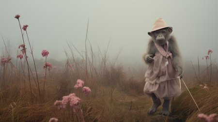 a taupe costumed chimp stands across a foggy field, captured in an avant-garde portraiture style. this conceptual installation art piece showcases a chaotic environment, reminiscent of otherworldly paintings. the soft and dreamy scene is enhanced by the misty atmosphere, creating a captivating visual experience. ai generatedの素材