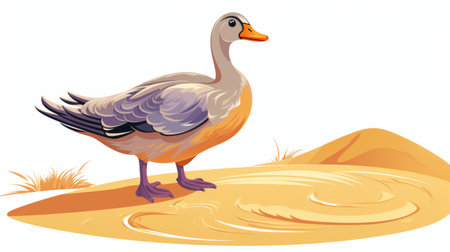 a charming duck with a long neck depicted in a detailed character illustration style. the duck is beautifully colored in light purple and light orange, standing against a desertwave backdrop. the image showcases heavy shading, adding depth and dimension. this high-resolution uhd image is available under the creative commons attribution license. it captures the essence of idyllic rural scenes, making it a captivating visual. aiの素材