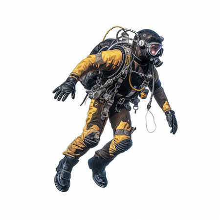 a scuba diver jumps in the air, captured in a realistic and detailed rendering. the photograph showcases a dark brown and yellow color palette, with meticulous attention given to the diver's costume and fashion. the high-angle perspective adds depth to the image, while the realistic details bring the scene to life. ai generatedの素材