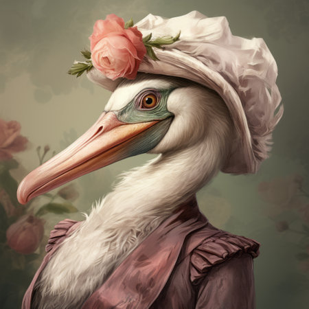 pelican in traditional attire, hat, and flowers, classicist portraiture style, zbrush, victorian-inspired illustrations, feminine portraiture, cartoonish characters, dark white and pink, detailed costumes. ai generatedの素材