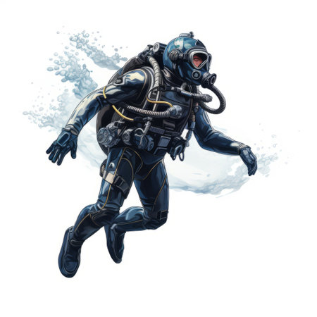 scuba diver jumps in a sci-fi illustration style, showcasing the zeiss milvus 25mm f14 ze lens. explore realistic marine paintings, frostpunk, marvel comics, and expressive character designs with this dynamic navy-themed image. ai generatedの素材
