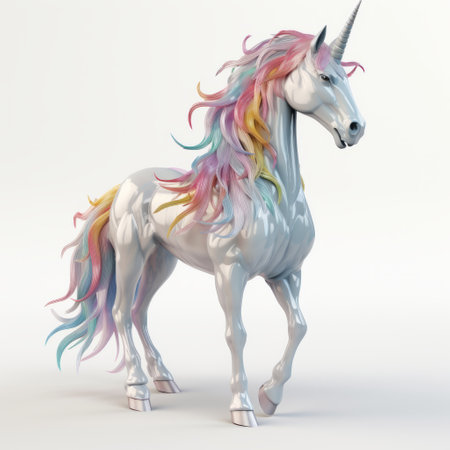 a vibrant 3d unicorn character, featuring a mesmerizing psychedelic surrealism style. this high gloss 3d model showcases abundant paint strokes, creating a captivating visual experience. with elements of massurrealism and layered translucency, this artwork combines hyper-realistic animal illustrations with a touch of whimsy. set against a clean white background, this enchanting creation is sure to captivate viewers. ai generatedの素材