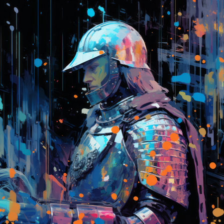 a vibrant palette knife illustration of a knight in armor, combining hyper-realistic sci-fi elements with drips and splatters. the artwork showcases colorful melancholy through atmospheric color washes. the use of glass as a material adds a unique touch to this captivating and imaginative illustration. ai generatedの素材