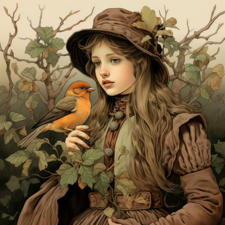 the young woman in a brown dress and hat is depicted in a detailed fantasy art style, reminiscent of victorian-inspired illustrations. a bird sits by her, adding a touch of child-like innocence to the hyperrealistic wildlife portrait. the artwork features richly colored elements and draws inspiration from the work of artist frank thorne. ai generatedの素材