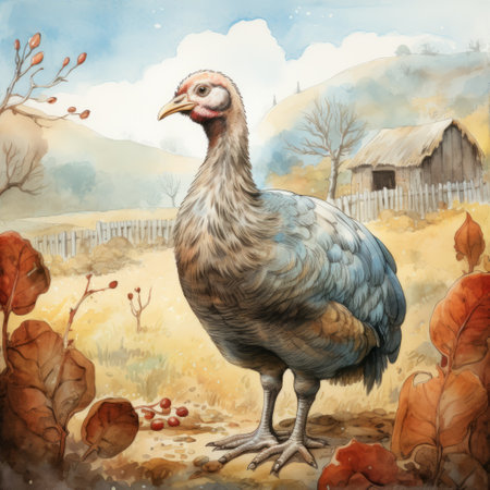 a turkey peacefully sits in the field, its colorful feathers shimmering under the indigo and bronze hues of the light. this detailed science fiction-inspired illustration captures the essence of cranberrycore, blending elements of ink wash paintings and 2d game art. the barn in the background adds a touch of rustic charm to this romanticized depiction of wilderness. ai generatedの素材