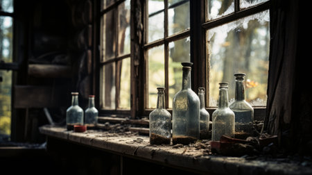 window with broken glass bottles, atmospheric woodland imagery captured with zeiss batis 18mm f2.8 lens. hauntingly beautiful narratives depicted in rural life setting, with a vintage-inspired feel. the scene is enhanced with cryengine and ray tracing technology, creating a captivating and immersive visual experience. ai generatedの素材