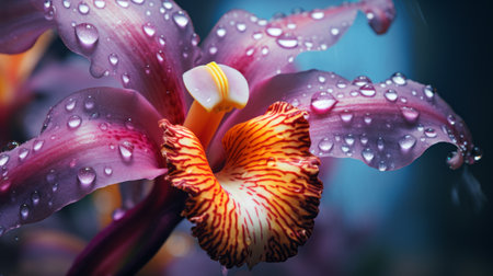 the flower blooms with water drops, showcasing enigmatic tropics, dark violet, and amber hues. this photo captures the essence of tropical baroque with vibrant, textured petals. it exudes the colorful curves and allure of an elke vogelsang style, reminiscent of a national geographic photo. ai generatedの素材