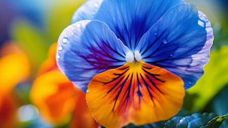 blue and yellow pansies with water droplets in the background, in the style of psychedelic color palette, focus stacking, orange and indigo, light violet and red, uhd image, flickr. ai generatedの素材