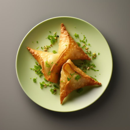 sabzi tadka and sabzi triangles are beautifully arranged on a green plate with green leaves in this vector illustration. the style is reminiscent of ed freeman, chinapunk, and pierre-auguste renoir, with a touch of iso 200 and lilia alvarado's creased and soggy aesthetic. ai generatedの素材