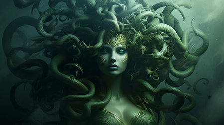 the woman with ten feet and tentacles, two arms, and a snake head is depicted in a photorealistic style with dark green and light gold colors. this intricate underwater world is captured in a hyper-detailed, 32k uhd photograph, creating a dreamlike portraiture. ai generatedの素材
