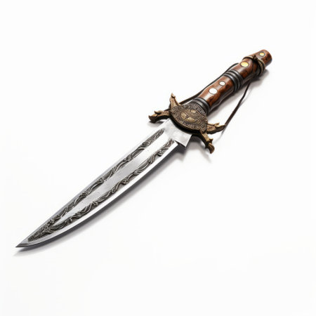 machete from the wild west: a captivating, hyper-realistic 3d rendering with meticulous detailing. this dynamic angle showcases the intricate craftsmanship and design, evoking the excitement of the era. with a white background, it stands out as a youtube thumbnail, magnetically drawing attention and prompting clicks. ai generatedの素材
