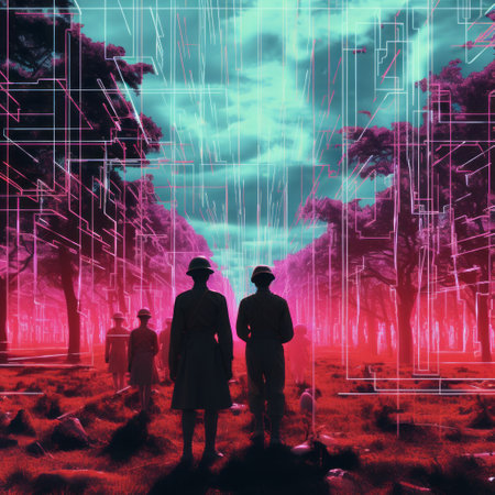 three men in hats are walking through a forest at dusk, in a retro-futuristic cyberpunk style. the conceptual digital art features light red and cyan tones, reminiscent of surrealistic installations by artists such as martin ansin and rene magritte. this editorial illustration captures a unique blend of nature and futuristic elements. ai generatedの素材