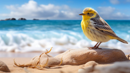 a youthful energy emanates from the cute and dreamy yellow, brown, and gray bird perched by the ocean. this neo-plasticist style photo captures its vibrant presence with bright, bold colors and a contrast-focused composition. the tumblewave adds an element of dynamism, while focus stacking enhances the bird's intricate details. ai generatedの素材