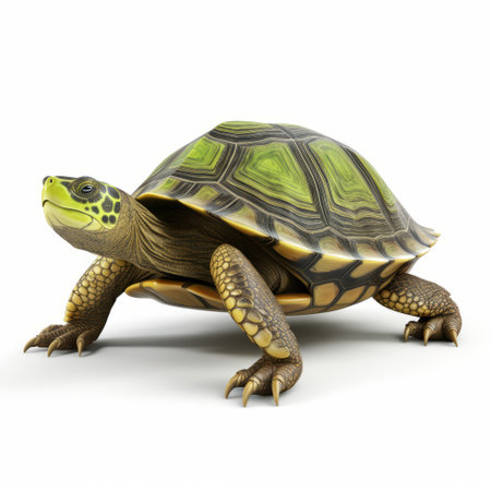 wild tortoise perched on a white background, featuring light green and light gold hues, photo-realistic techniques, vray tracing, auto body works, bold lines, dynamic colors, speed and motion, smooth and curved lines. ai generatedの素材