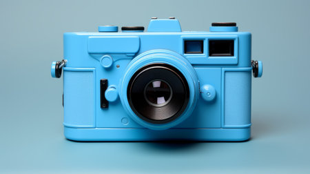 the little blue camera, with a rubber construction, sits on a table against a grey background. the solarization effect adds a bold and playful touch to the photographically detailed portraitures. the vibrant pastels and back button focus enhance the flickr-style image. ai generatedの素材